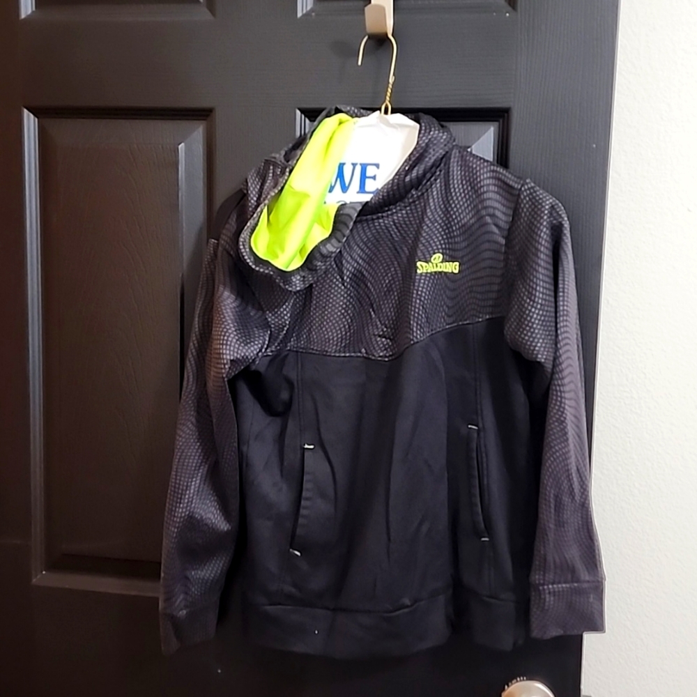 Spalding Youth Medium Hoodie Black with Neon Brand and Neon inside Hood